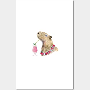 Capybara drinking strawberry milk cocktail Posters and Art